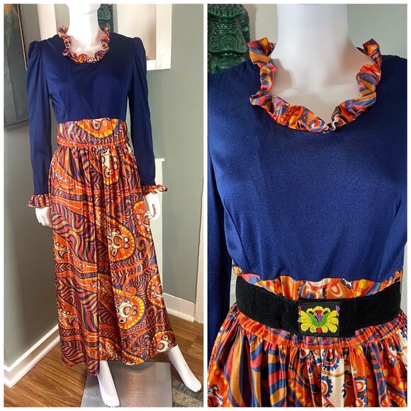 Vintage 60s 70s Paisley Psychedelic Ruffle Hostess Maxi Dress Large L Polyester - Picture 1 of 14
